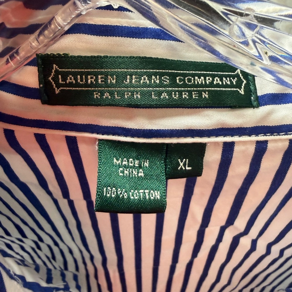 Lauren Ralph Lauren Ruffle Stripe Shirt Womens XL Blue White Excellent Preppy - Picture 2 of 6